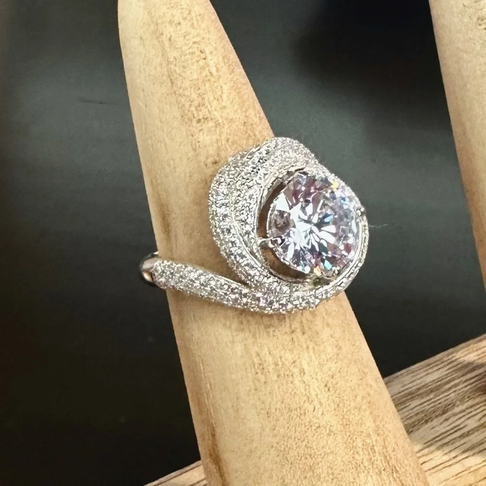 NEW White Cubic Zirconia Rhodium-Plated 925 Sterling Silver Spiral Wrap Ring